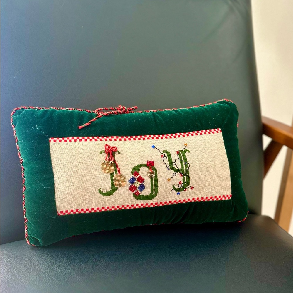 Vintage Needlepoint Pillow Christmas Holiday Joy Beaded Embellished Velvet